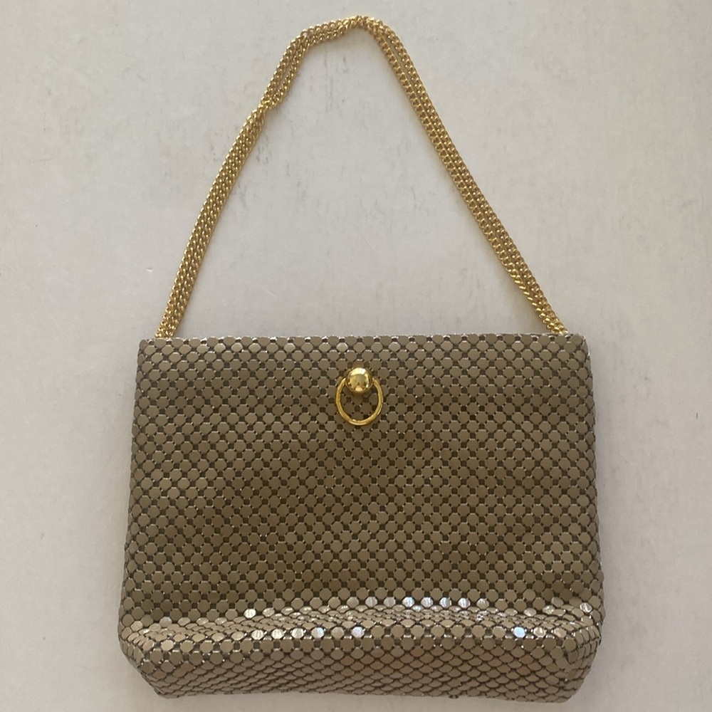 Lyrella Metal Mesh Taupe Shoulder Bag with Gold Chain.